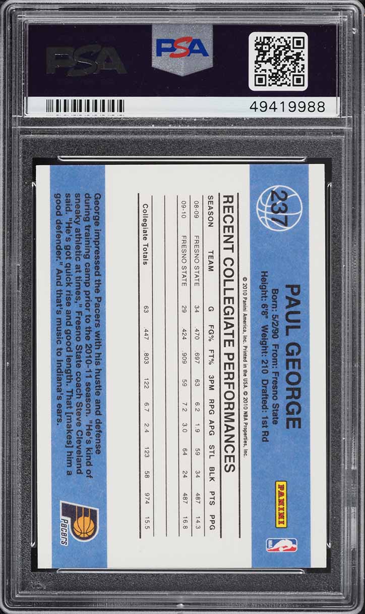 2010 Donruss Basketball Paul George ROOKIE #237 PSA 10 GEM MINT