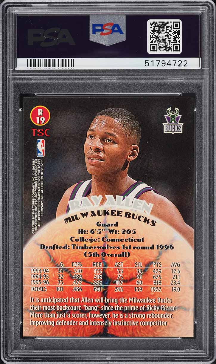 1996 Stadium Club Rookies 2 Ray Allen ROOKIE #R19 PSA 10 GEM MINT