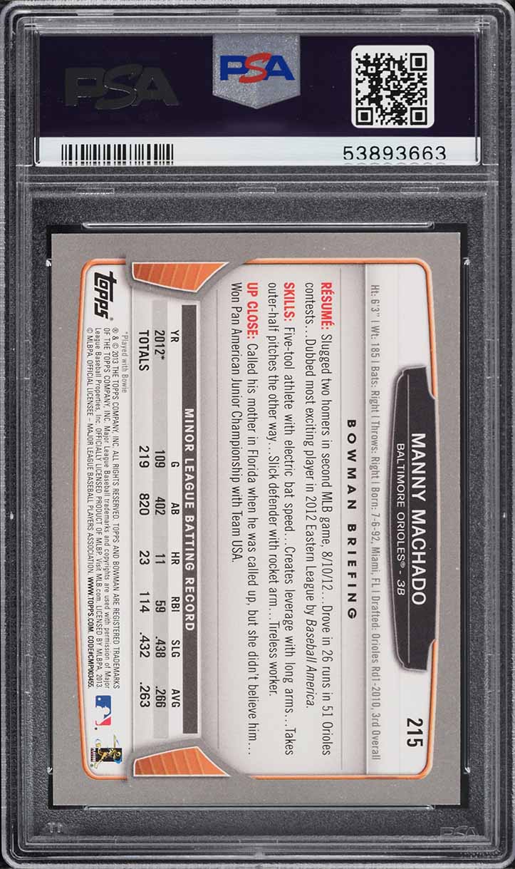 2013 Bowman Gold Manny Machado ROOKIE #215 PSA 10 GEM MINT
