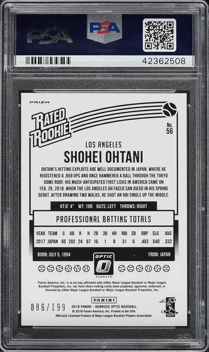 2018 Donruss Optic Running Orange Shohei Ohtani ROOKIE /199 #56 PSA 10 GEM MINT