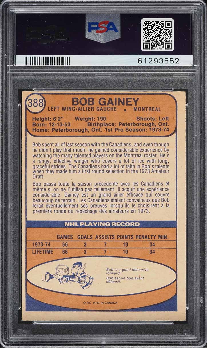 1974 O-Pee-Chee Hockey Bob Gainey ROOKIE #388 PSA 6 EXMT