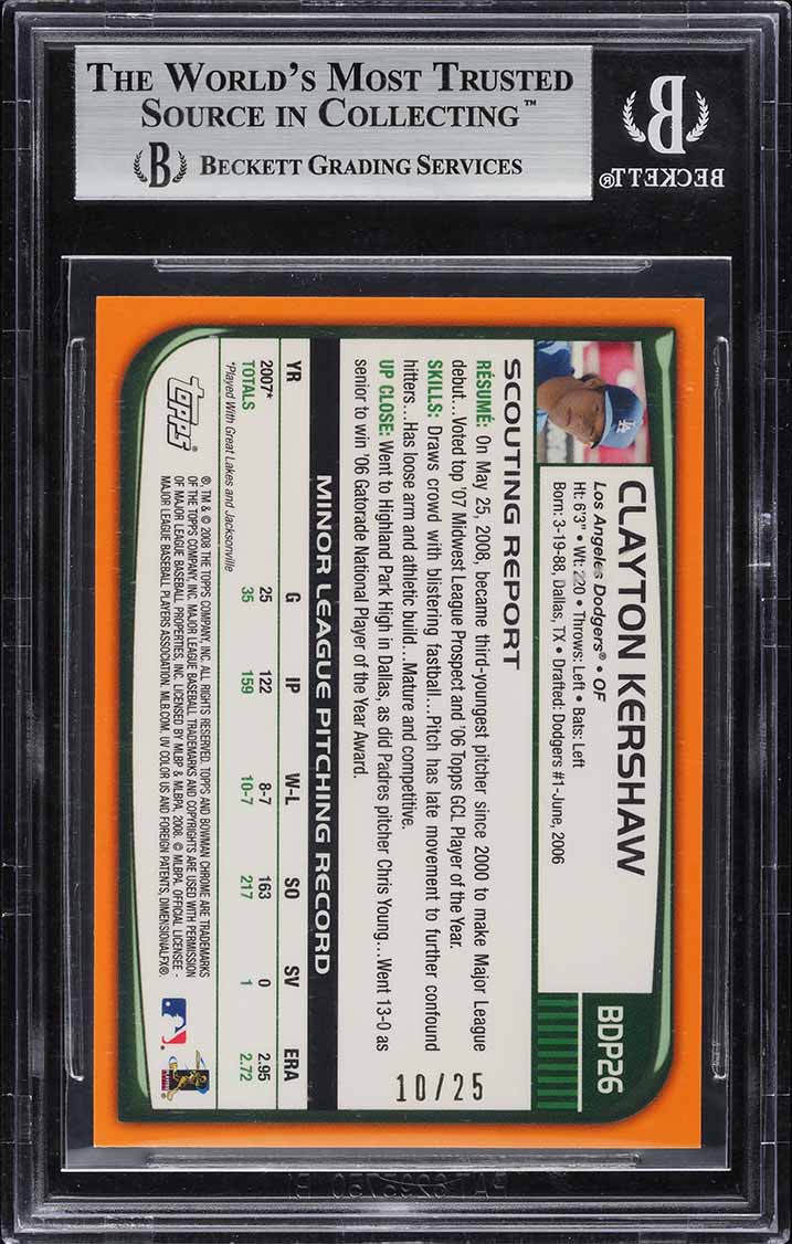 2008 Bowman Chrome Orange Refractor Clayton Kershaw ROOKIE /25 #BDP26 BGS 9 MINT