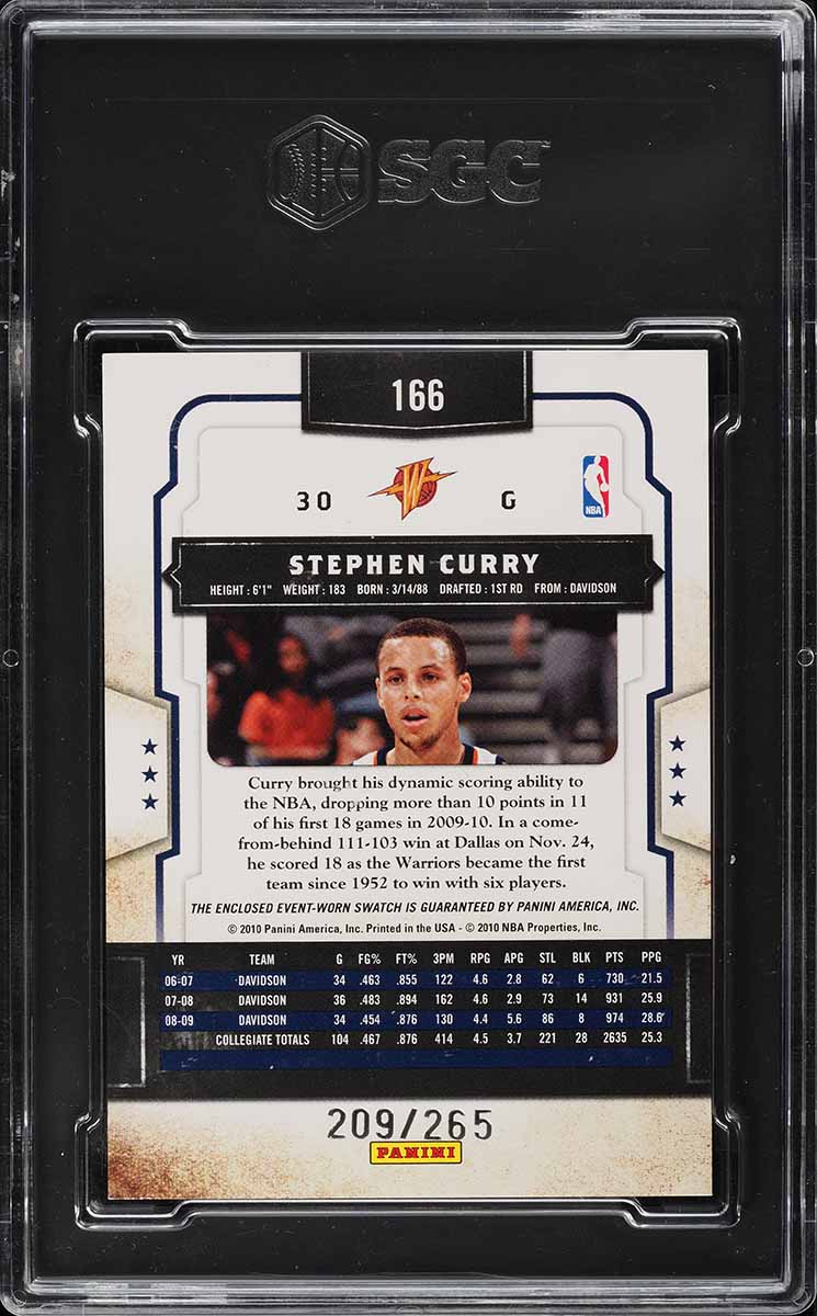2009 Panini Classics Timeless Threads Stephen Curry ROOKIE PATCH /265 SGC 8.5