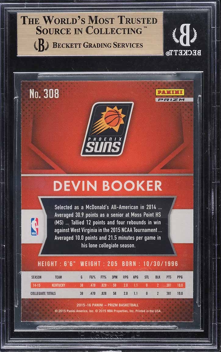 2015 Panini Prizm Silver Devin Booker ROOKIE #308 BGS 9.5 GEM MINT
