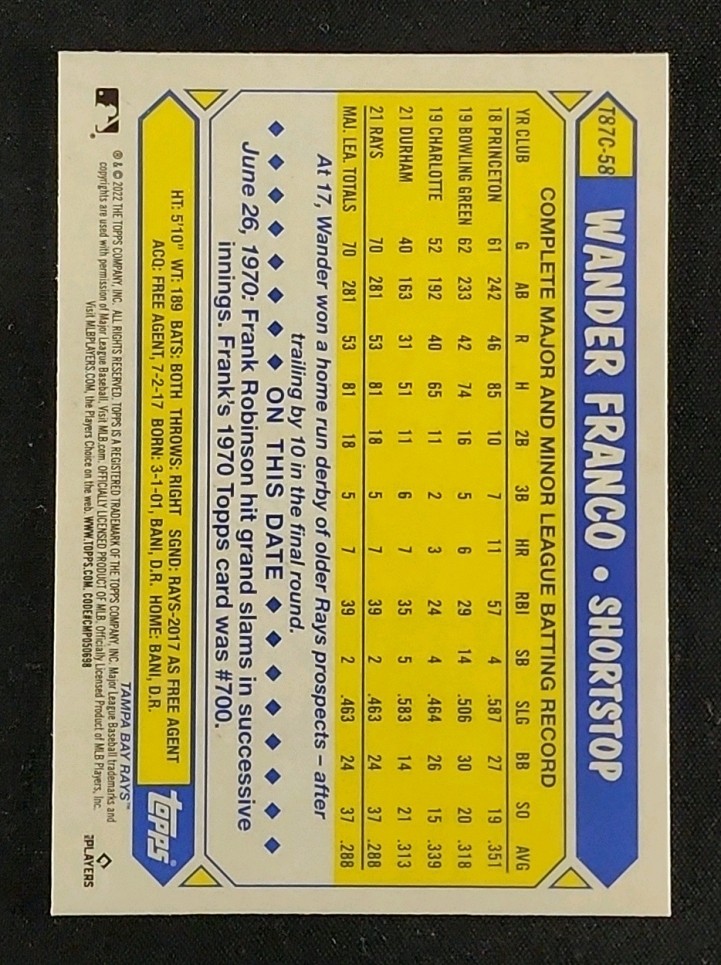 2022 Topps Silver Pack '87 Chrome Wander Franco ROOKIE #T87C-58 MBA AUTH
