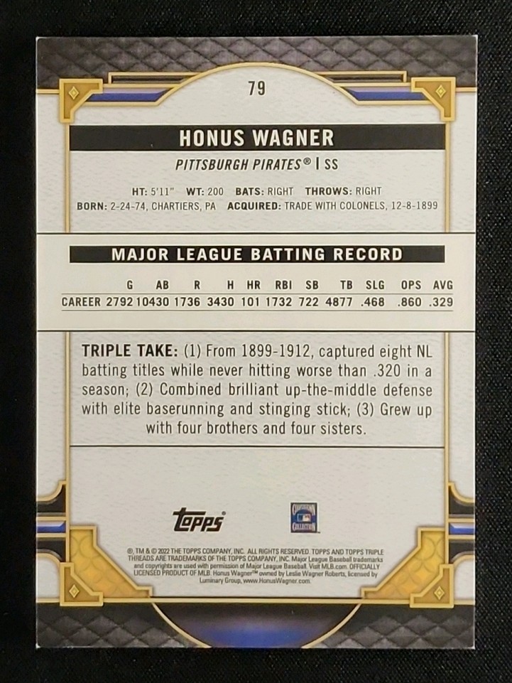 2022 Topps Triple Threads Amber Honus Wagner /199 #79 MBA AUTH