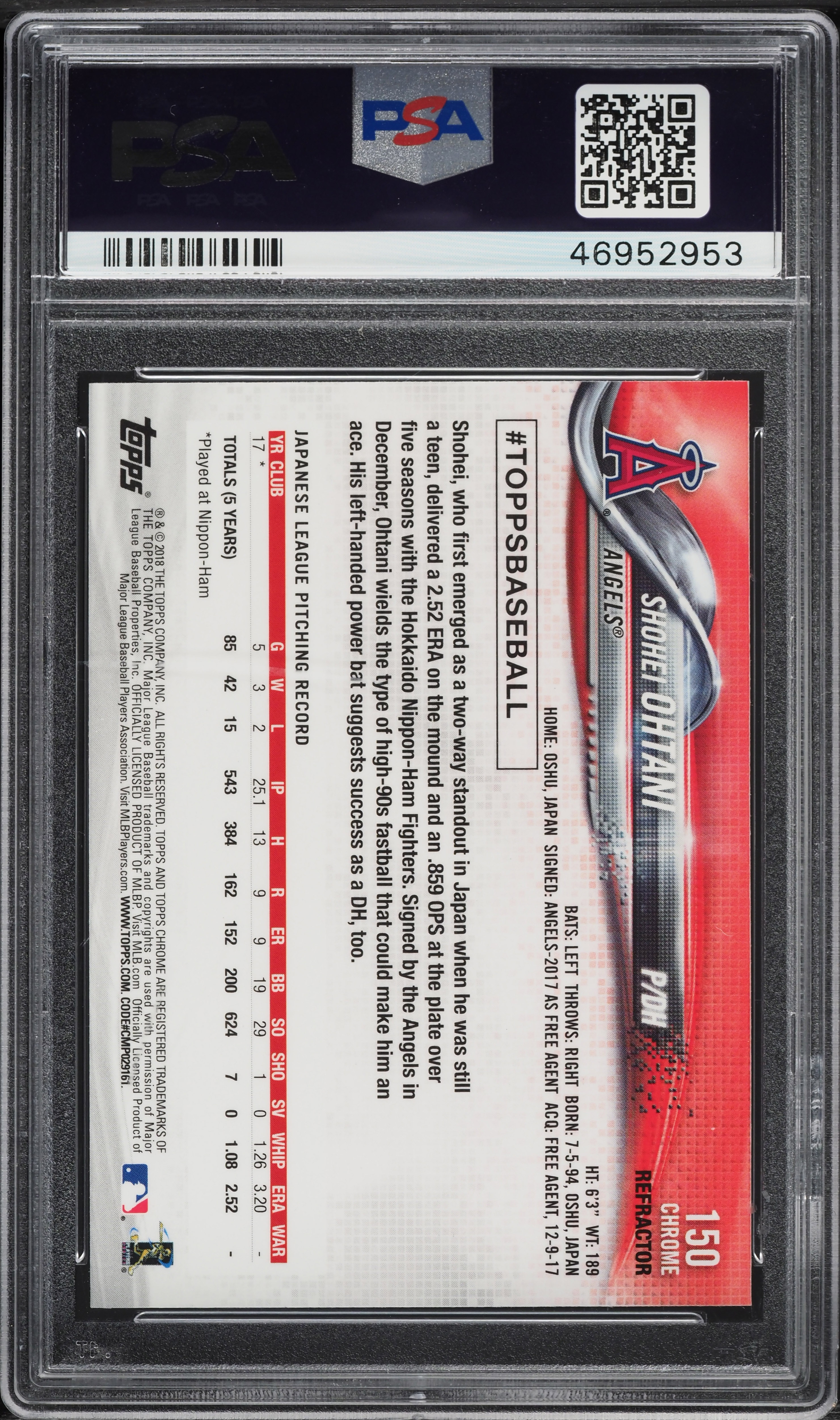 2018 Topps Chrome Sepia Refractor Shohei Ohtani ROOKIE #150 PSA 9