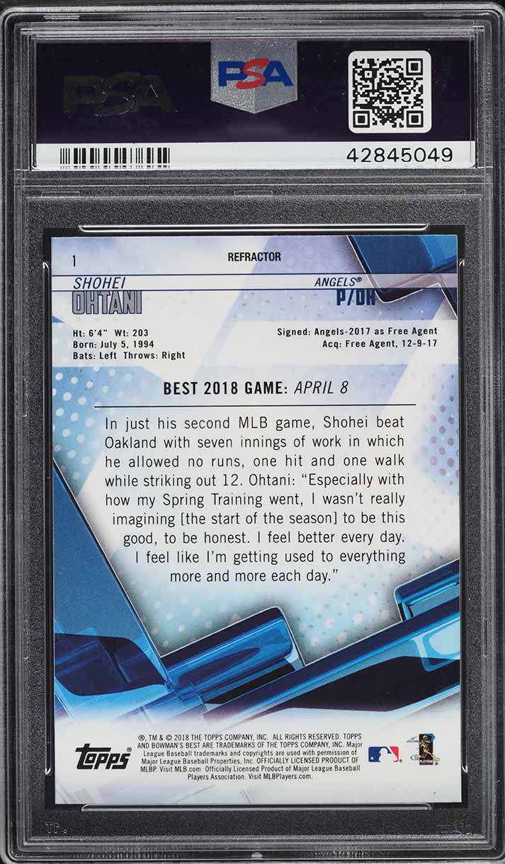 2018 Bowman's Best Refractor Shohei Ohtani ROOKIE #1 PSA 10 GEM MINT