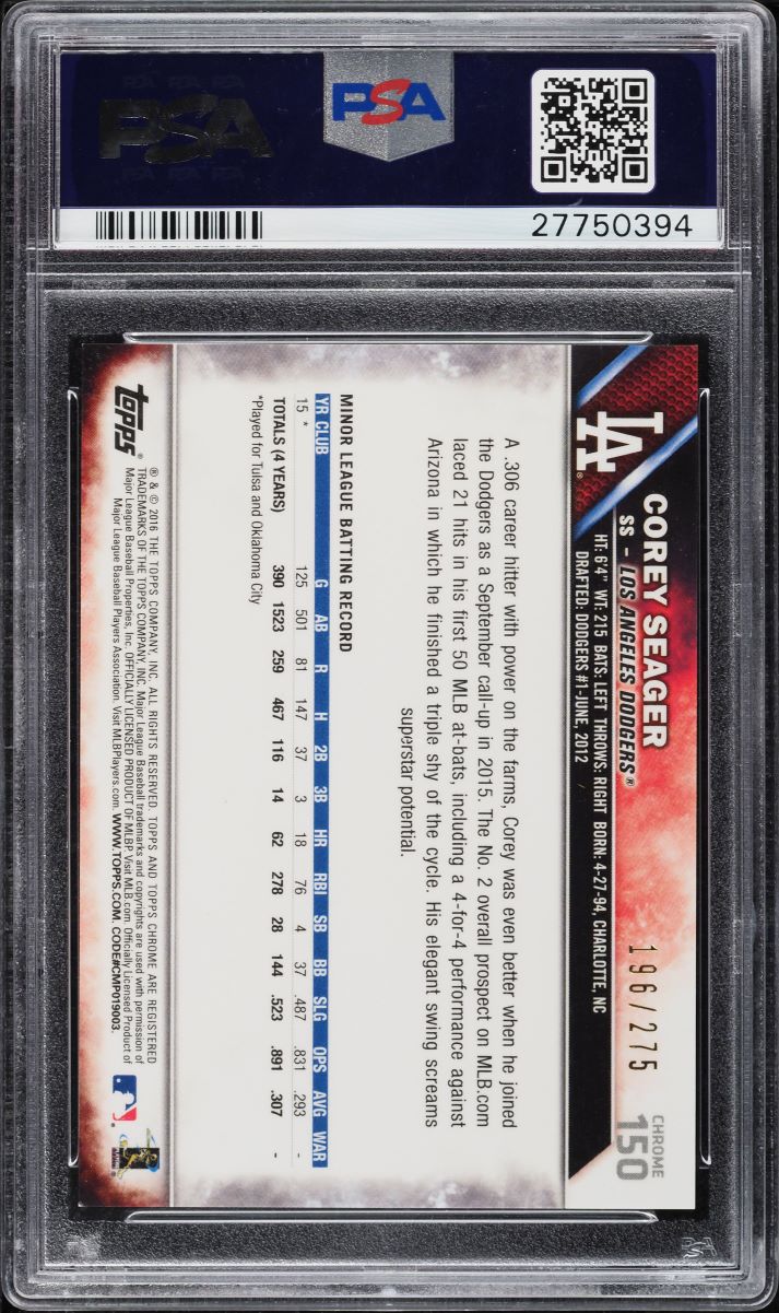 2016 Topps Chrome Purple Refractor Corey Seager ROOKIE /275 #150 PSA 10 GEM MINT