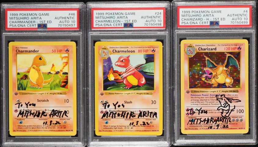 Lot(3) 1999 Pokemon 1st Edition Charizard Mitsuhiro Arita AUTO DNA 10 PSA  AUTH on Fanatics Collect