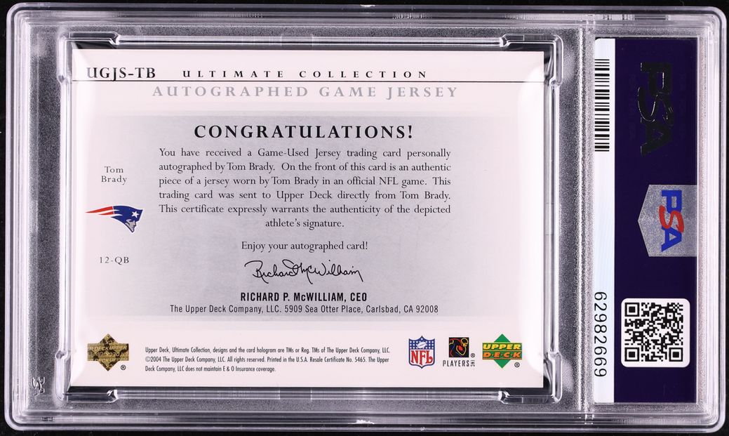 2004 Ultimate Collection Game Jersey Tom Brady PATCH AUTO /25 #UGJS-TB PSA 9 MINT