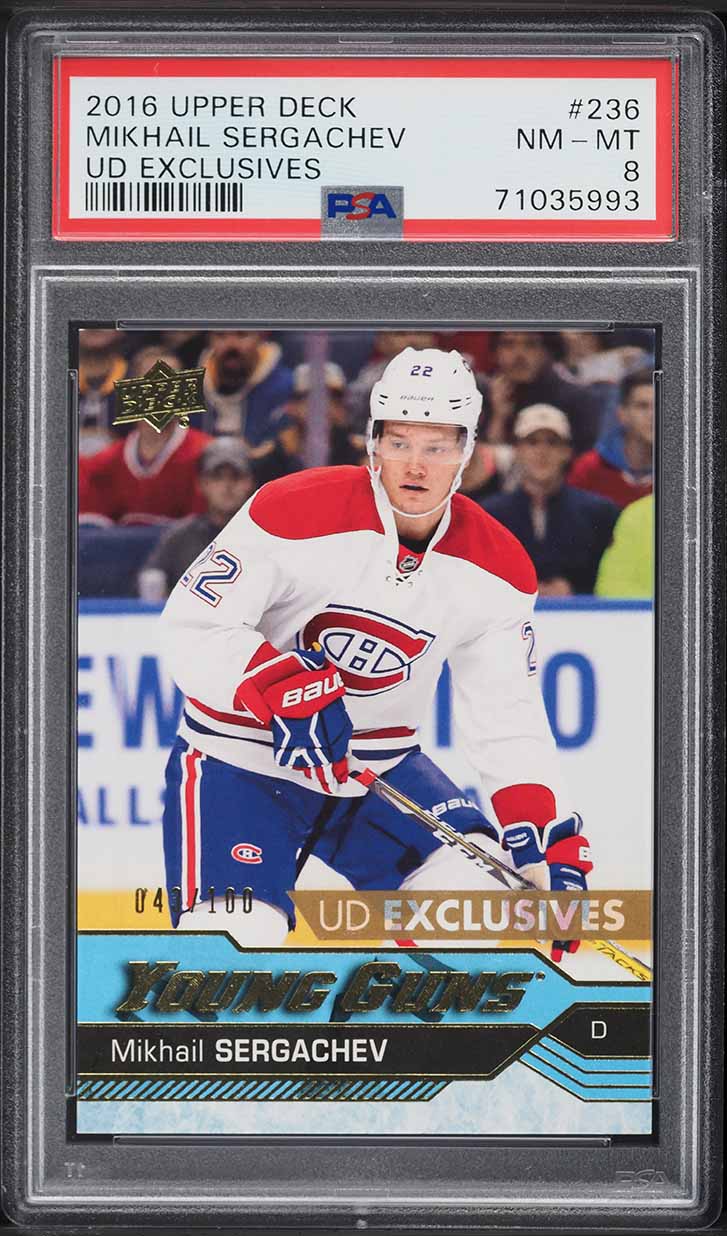 2016 Upper Deck Exclusives Young Guns Mikhail Sergachev ROOKIE /100 #236 PSA 8