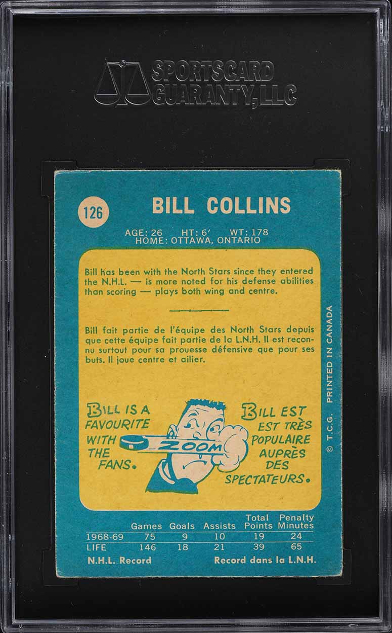 1969 O-Pee-Chee Hockey Bill Collins ROOKIE #126 SGC 4 VGEX