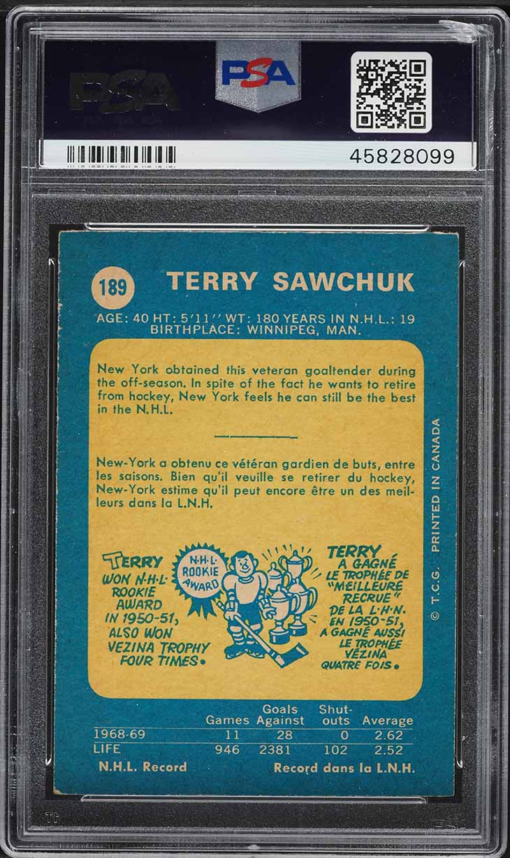 1969 O-Pee-Chee Hockey Terry Sawchuk #189 PSA 6 EXMT