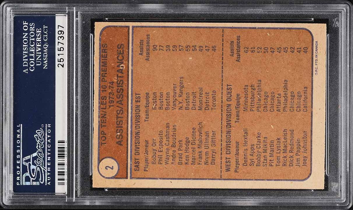 1974 O-Pee-Chee Hockey Bobby Orr & Hextall ASSIST LDRS #2 PSA 9 MINT