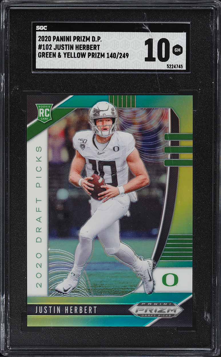 2020 Panini Prizm Draft Green & Yellow Justin Herbert ROOKIE /249 #102 SGC 10
