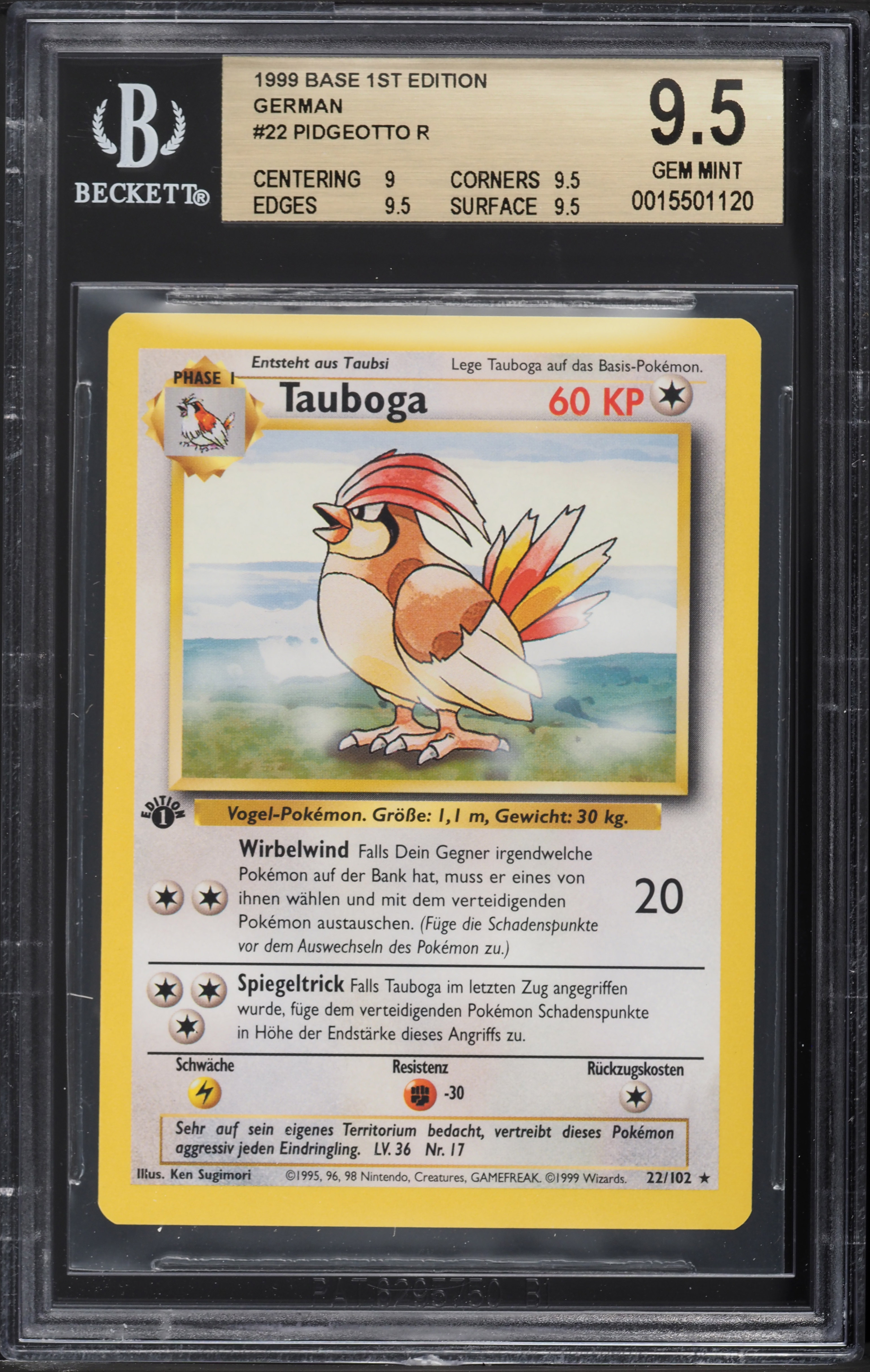 1999 Pokemon German Base Set 1st Edition Pidgeotto Tauboga #22 BGS