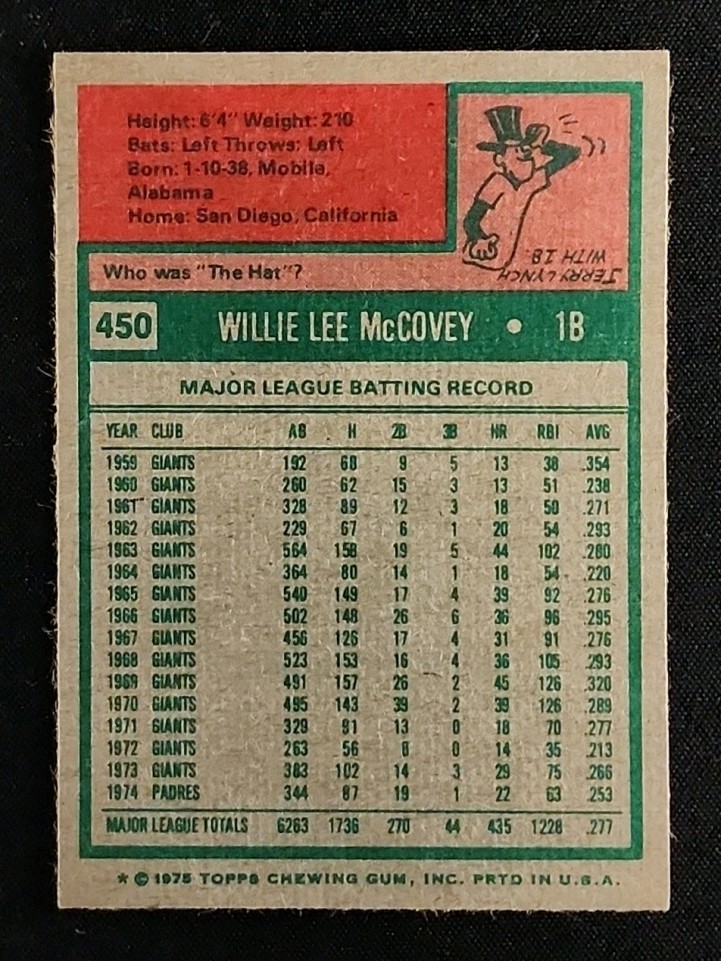 1975 Topps Willie McCovey #450 MBA AUTH