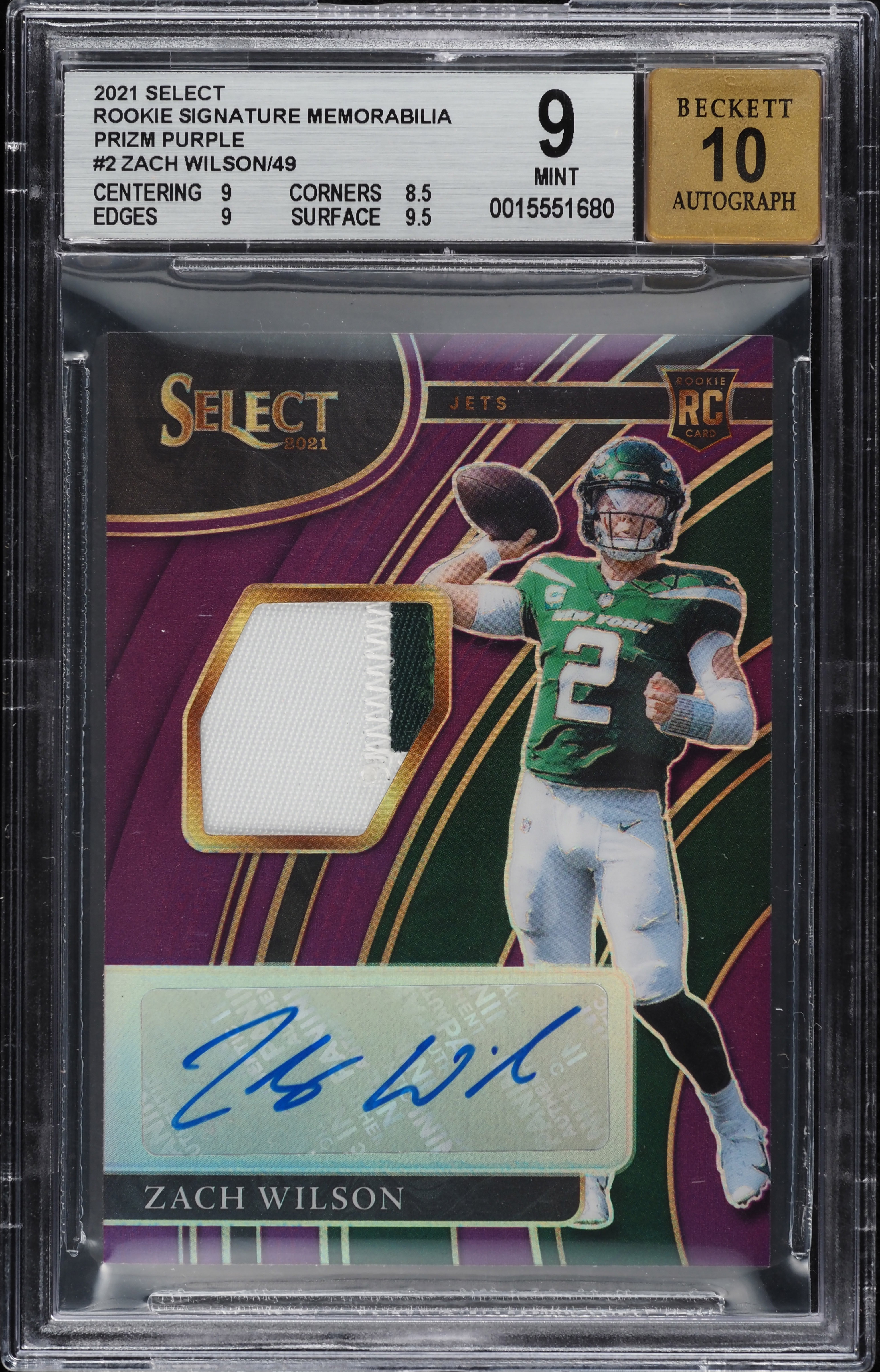 2021 Select Prizm Purple Zach Wilson ROOKIE PATCH AUTO /49 #2 BGS