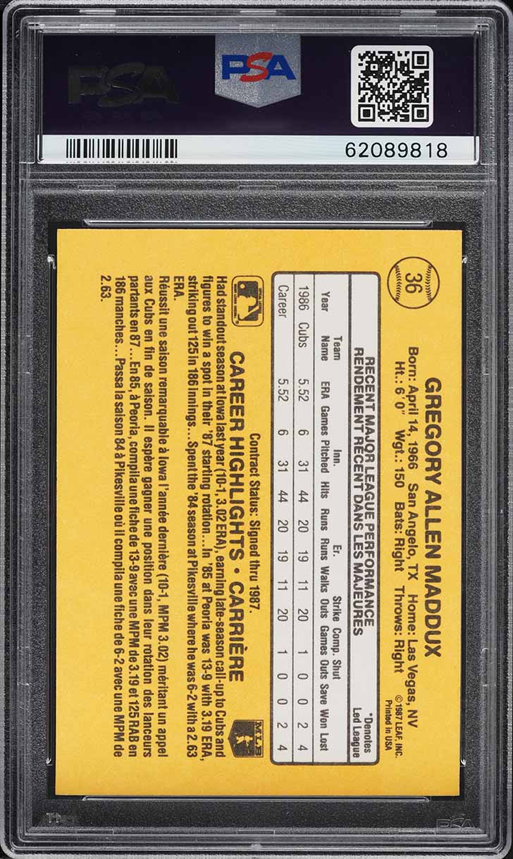 1987 Leaf Greg Maddux ROOKIE #36 PSA 8 NM-MT