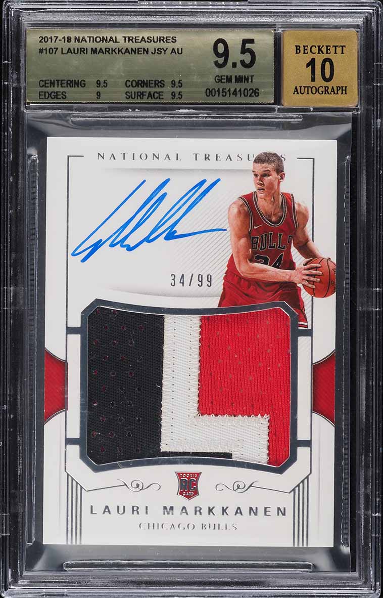 2017 National Treasures Lauri Markkanen ROOKIE PATCH AUTO /99 #107 BGS 9.5 GEM