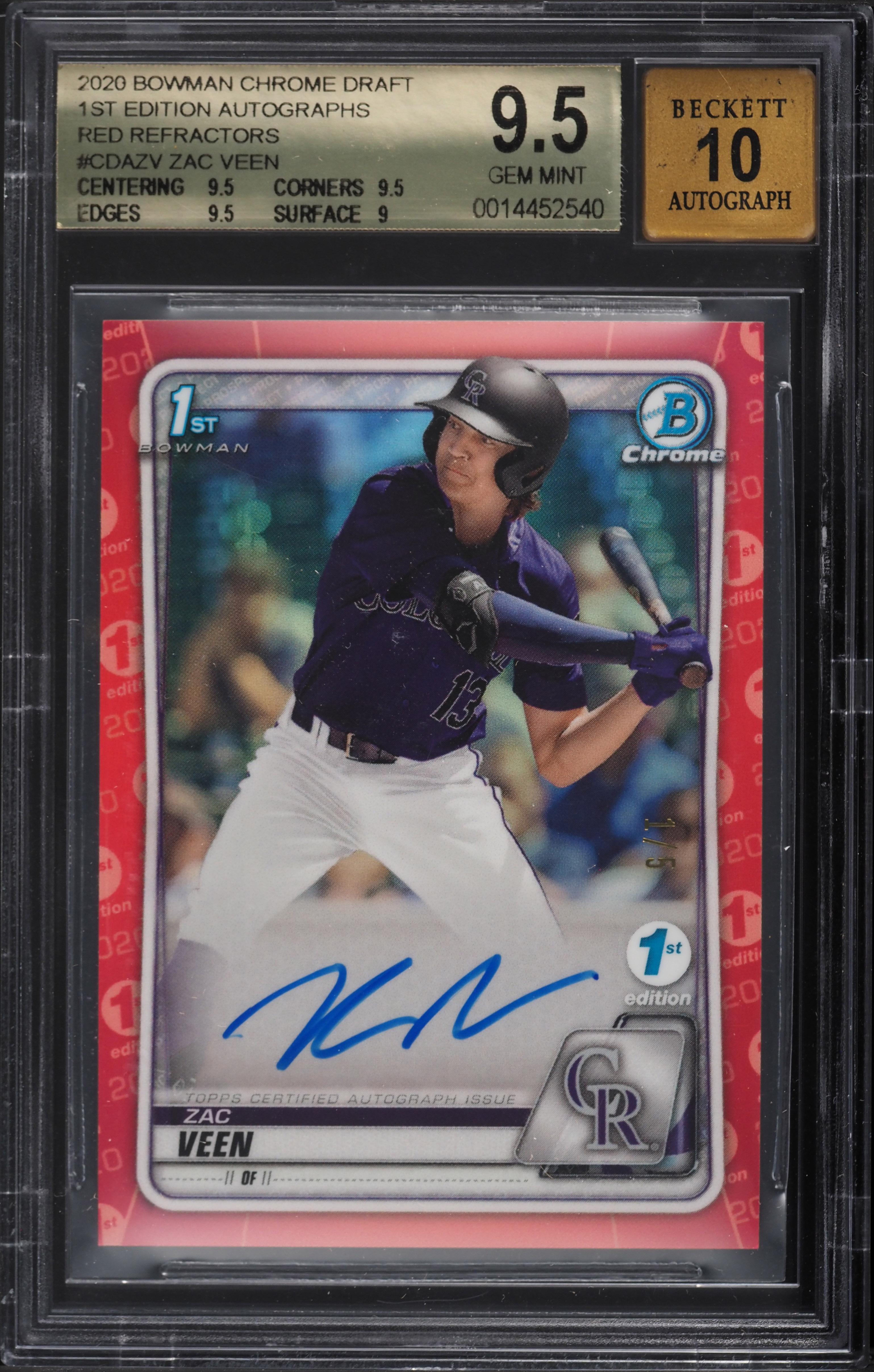 2020 Bowman Chrome 1st Edition Red Refractor Zac Veen ROOKIE AUTO