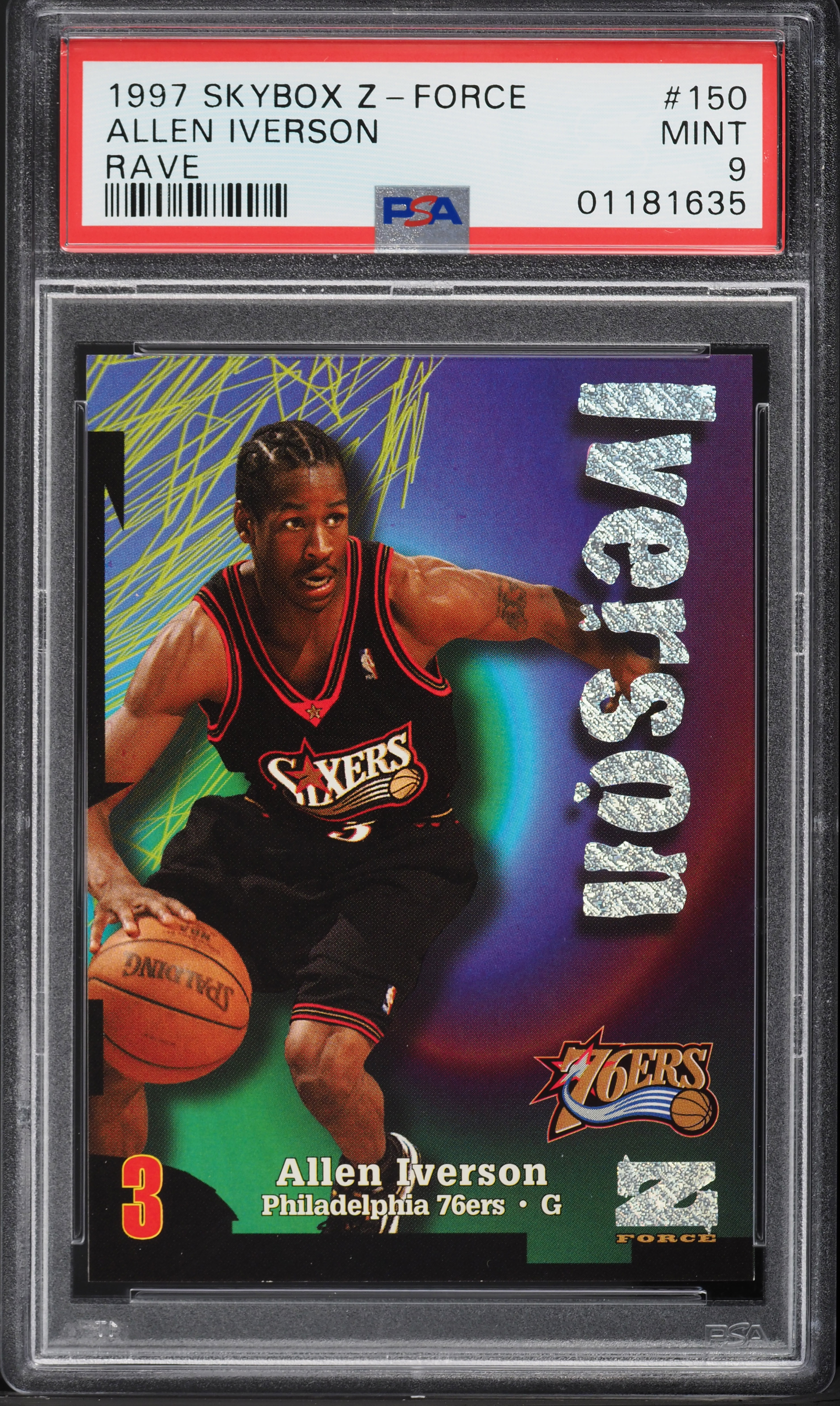 1997 Skybox Z-Force Rave Allen Iverson /399 #150 PSA 9 MINT on