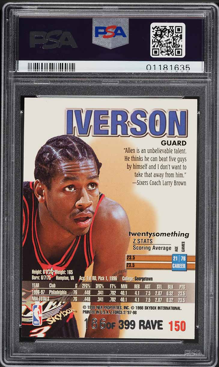 1997 Skybox Z-Force Rave Allen Iverson /399 #150 PSA 9 MINT