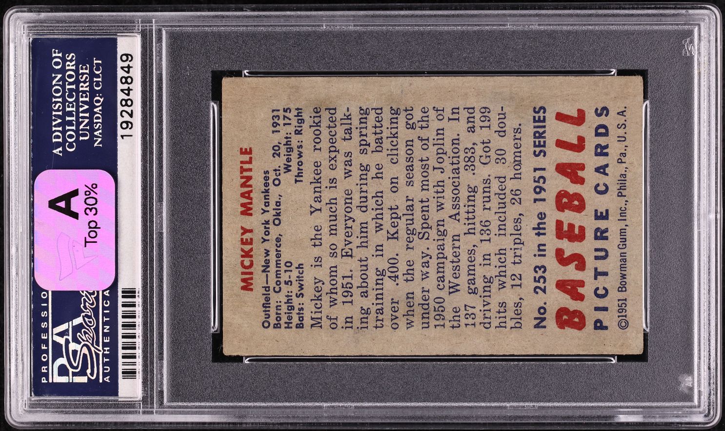 1951 Bowman Mickey Mantle ROOKIE #253 PSA 4 VGEX