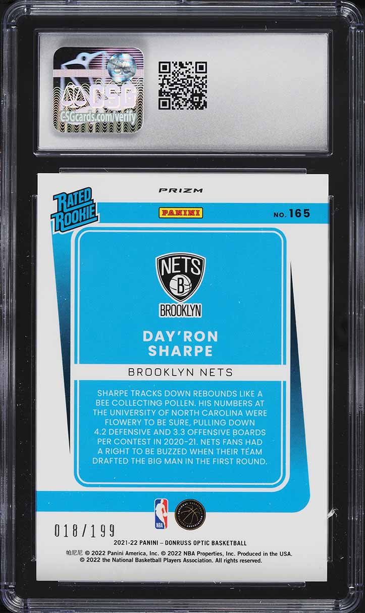 2021 Donruss Optic Orange Day'Ron Sharpe ROOKIE /199 #165 CSG 9 MINT