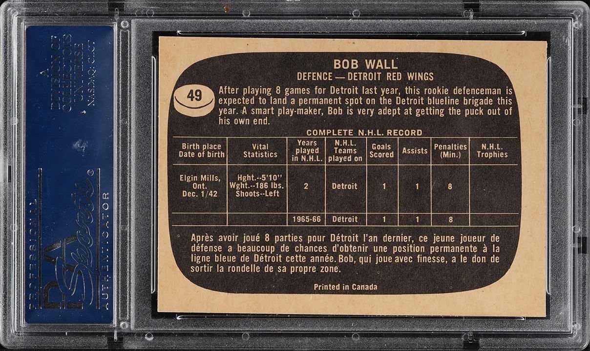 1966 Topps Hockey Bob Wall ROOKIE #49 PSA 8 NM-MT
