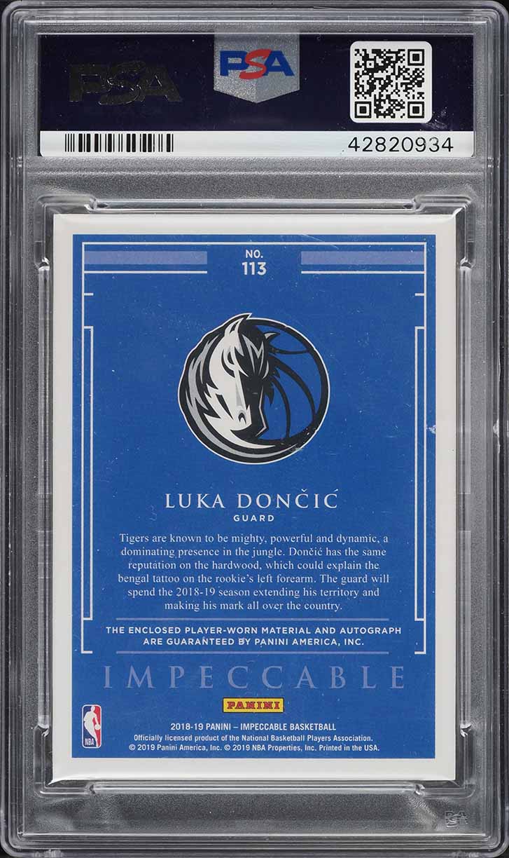 2018 Panini Impeccable Luka Doncic ROOKIE PATCH AUTO DNA 10 /99 #113 PSA 9 MINT
