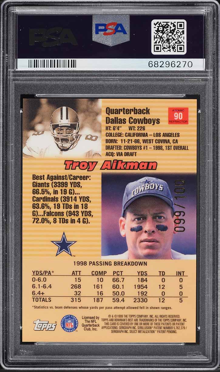 1999 Bowman's Best Atomic Refractor Troy Aikman /100 #90 PSA 9 MINT