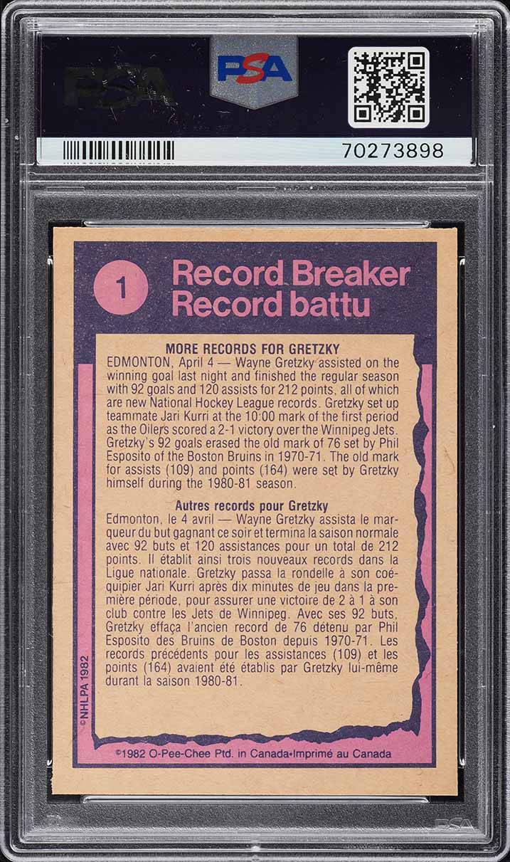 1982 O-Pee-Chee Hockey Wayne Gretzky RECORD BREAKER #1 PSA 10 GEM MINT