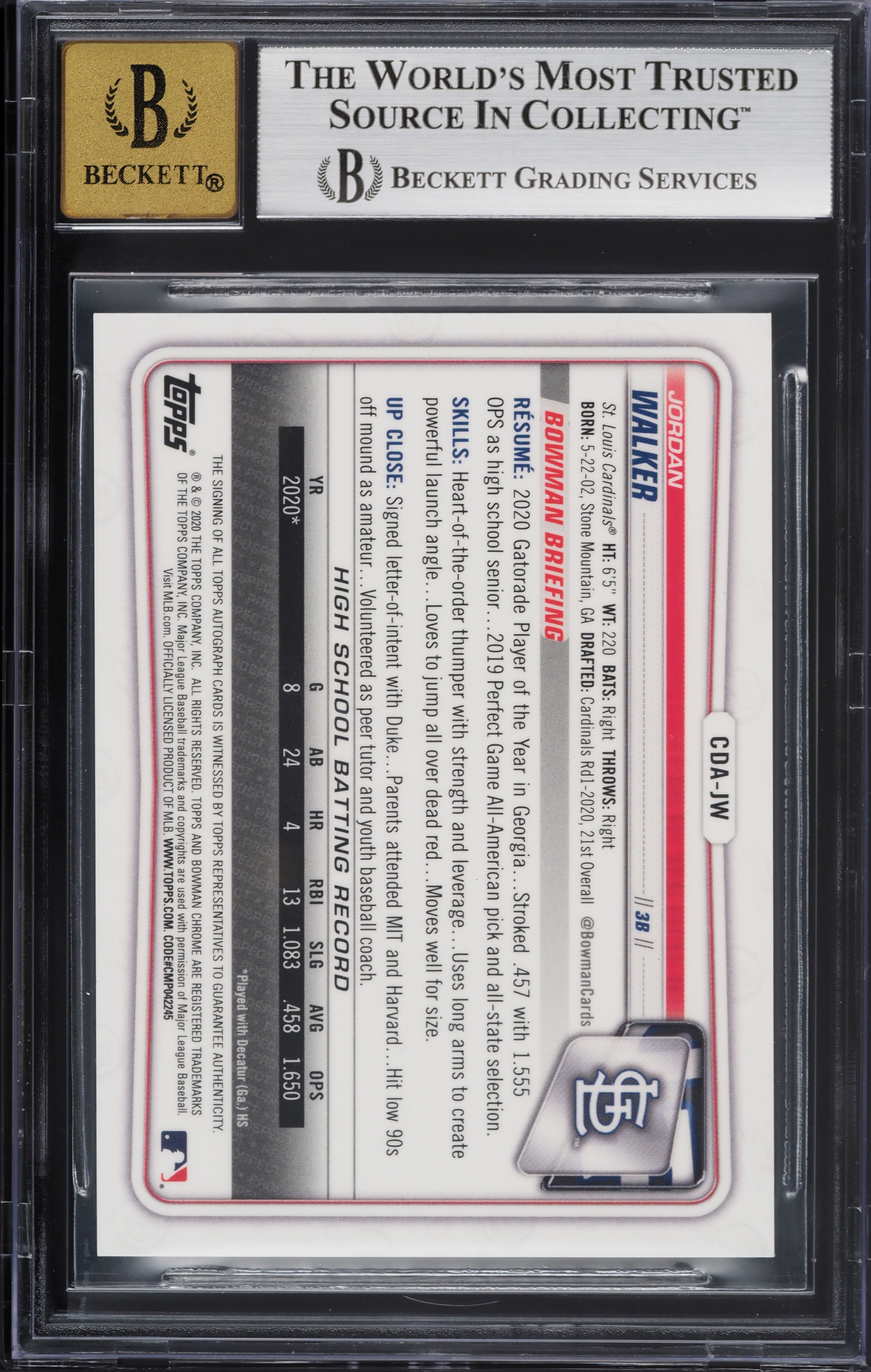 2020 Bowman Chrome Draft Blue Refractor Jordan Walker ROOKIE AUTO