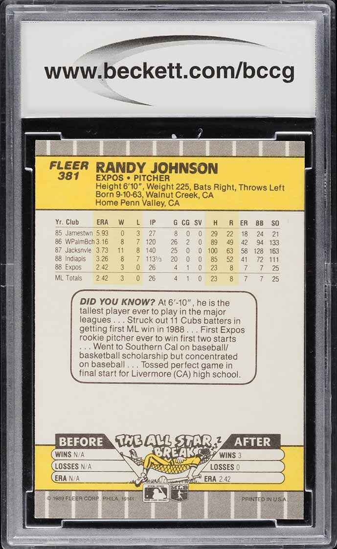 1989 Fleer Randy Johnson ROOKIE #381 BCCG 10