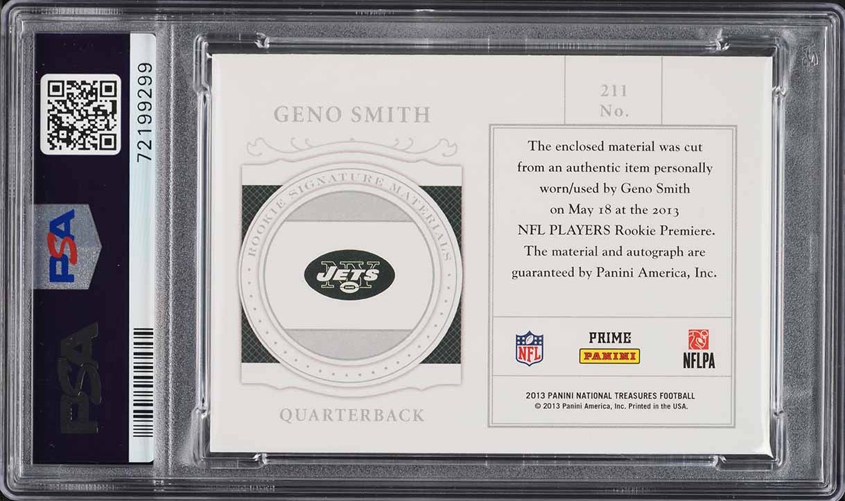 2013 National Treasures Silver Geno Smith ROOKIE PATCH AUTO /99 #211 PSA 10 GEM