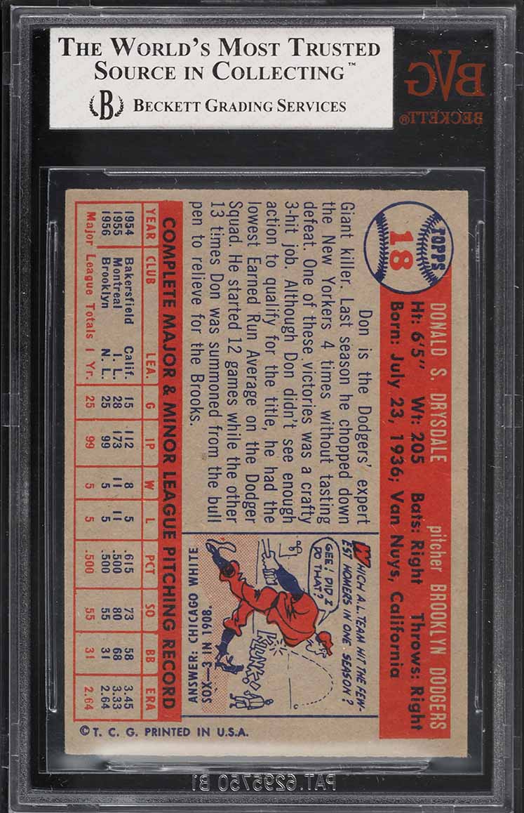 1957 Topps Don Drysdale ROOKIE #18 BVG 5 EX