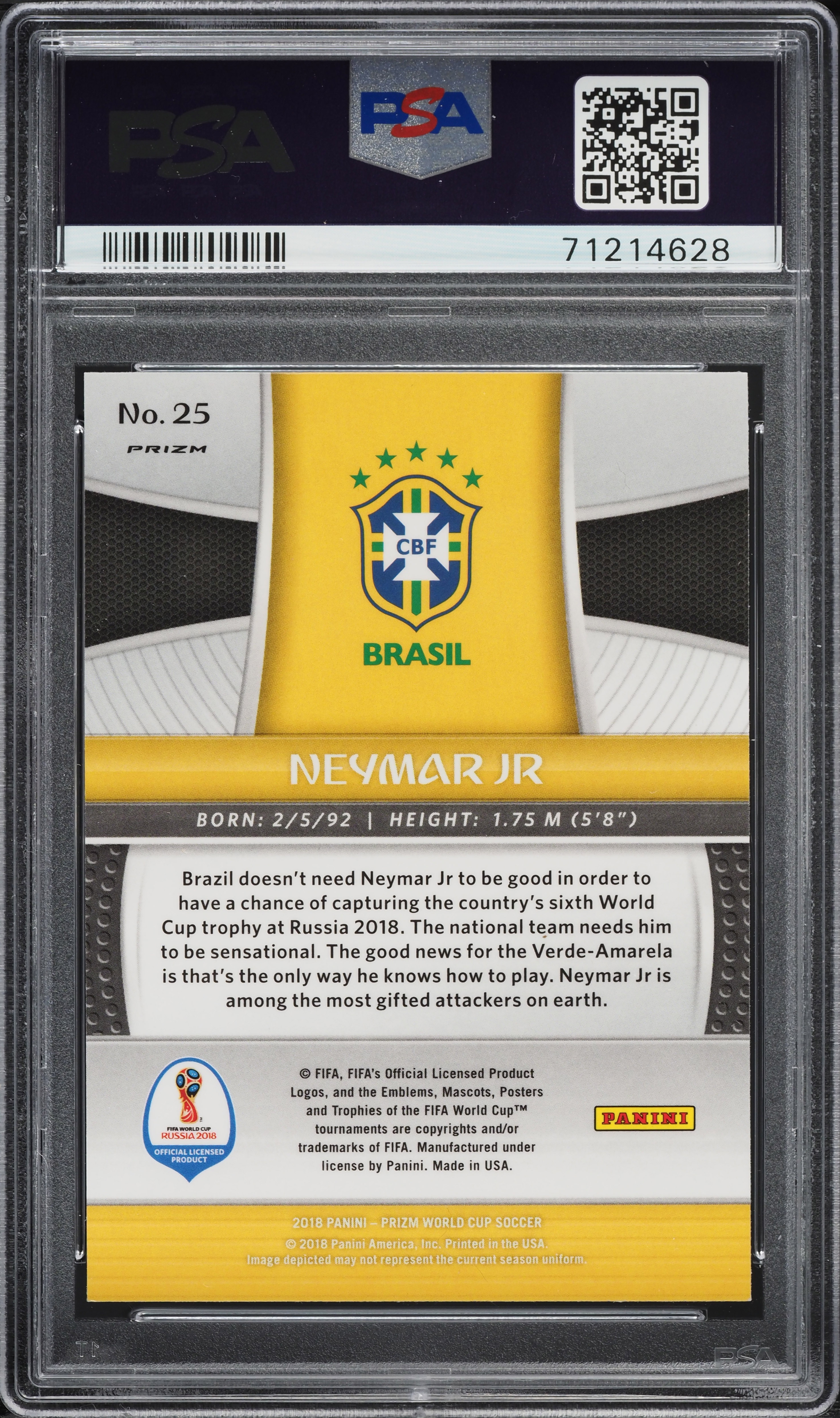 2018 Panini Prizm World Cup Silver Neymar Jr. #25 PSA 10 GEM MINT