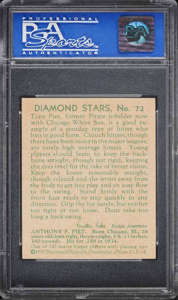 1935 Diamond Stars Tony Piet #72 PSA 7 NRMT