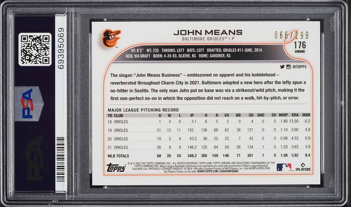 2022 Topps Chrome Purple Speckle Refractor John Means /299 #176 PSA 10