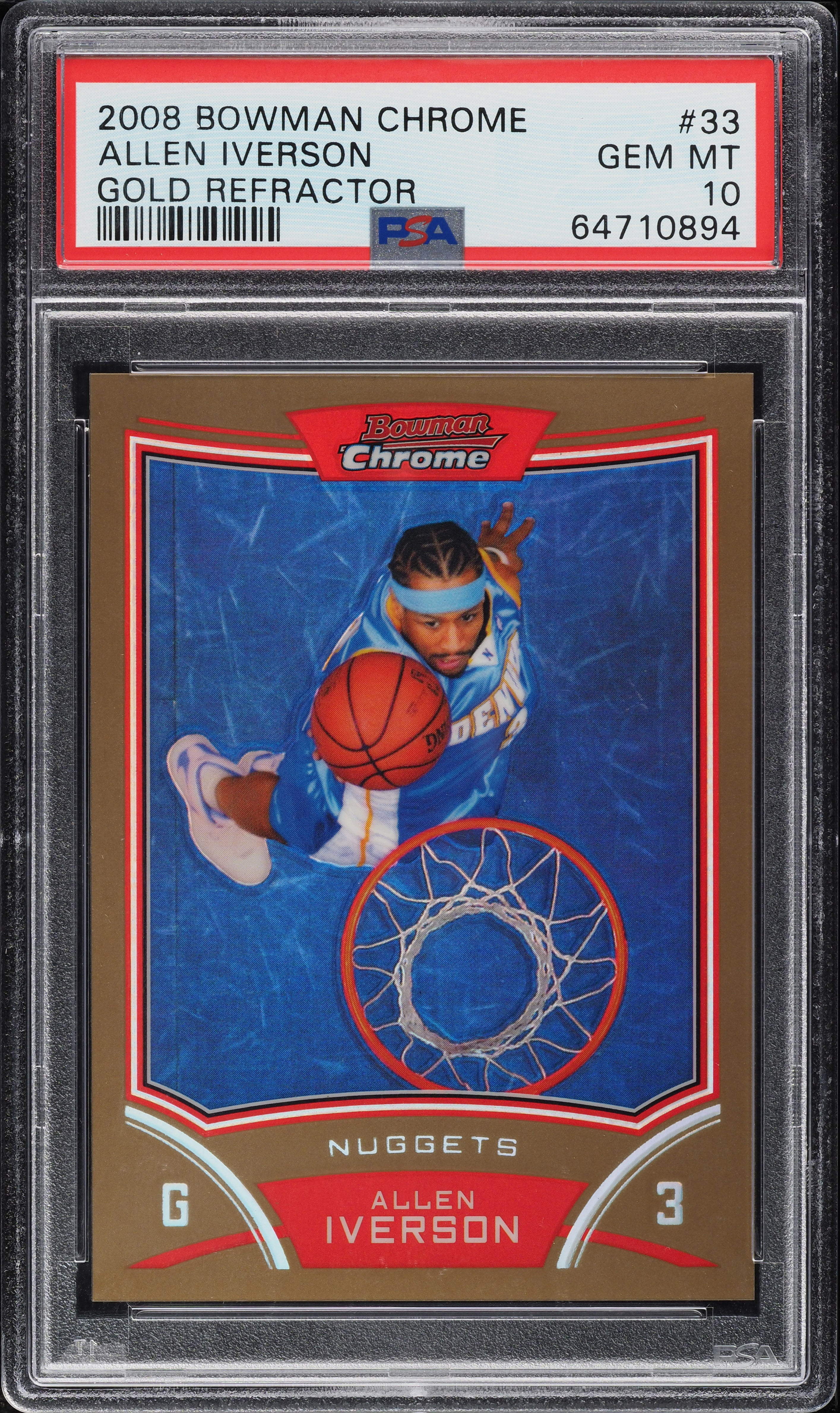 2008 Bowman Chrome Gold Refractor Allen Iverson /50 #33 PSA 10 GEM