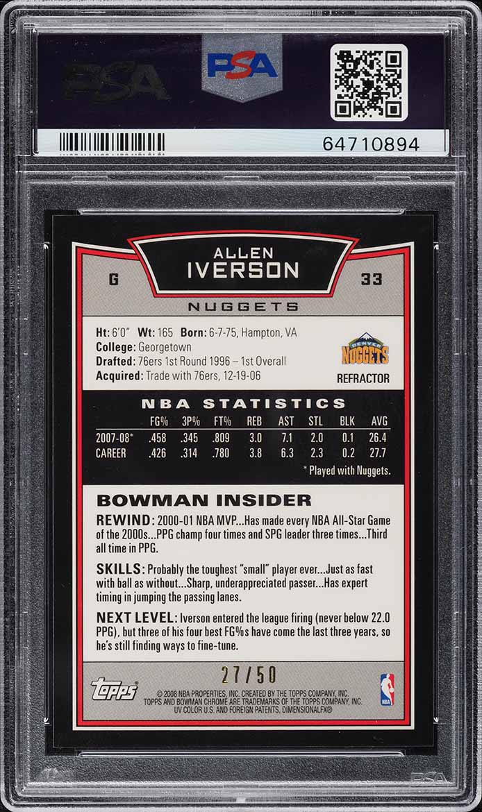 2008 Bowman Chrome Gold Refractor Allen Iverson /50 #33 PSA 10 GEM