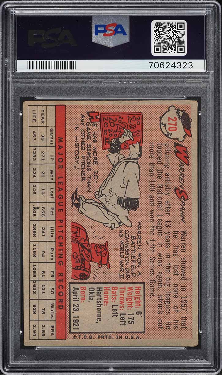 1958 Topps Warren Spahn #270 PSA 2 GD