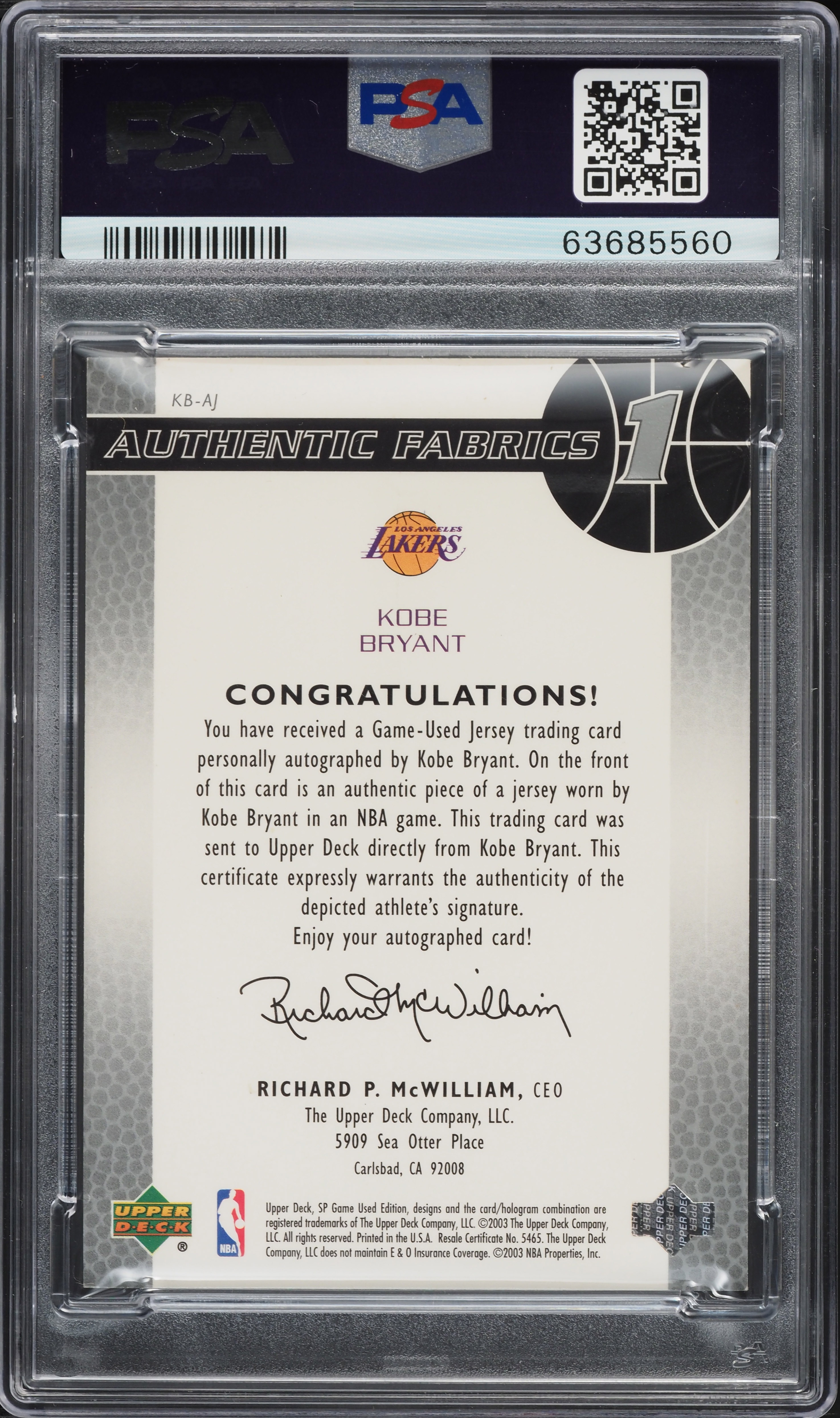 2003 SP Game Used Authentic Fabrics Kobe Bryant PATCH AUTO DNA 9