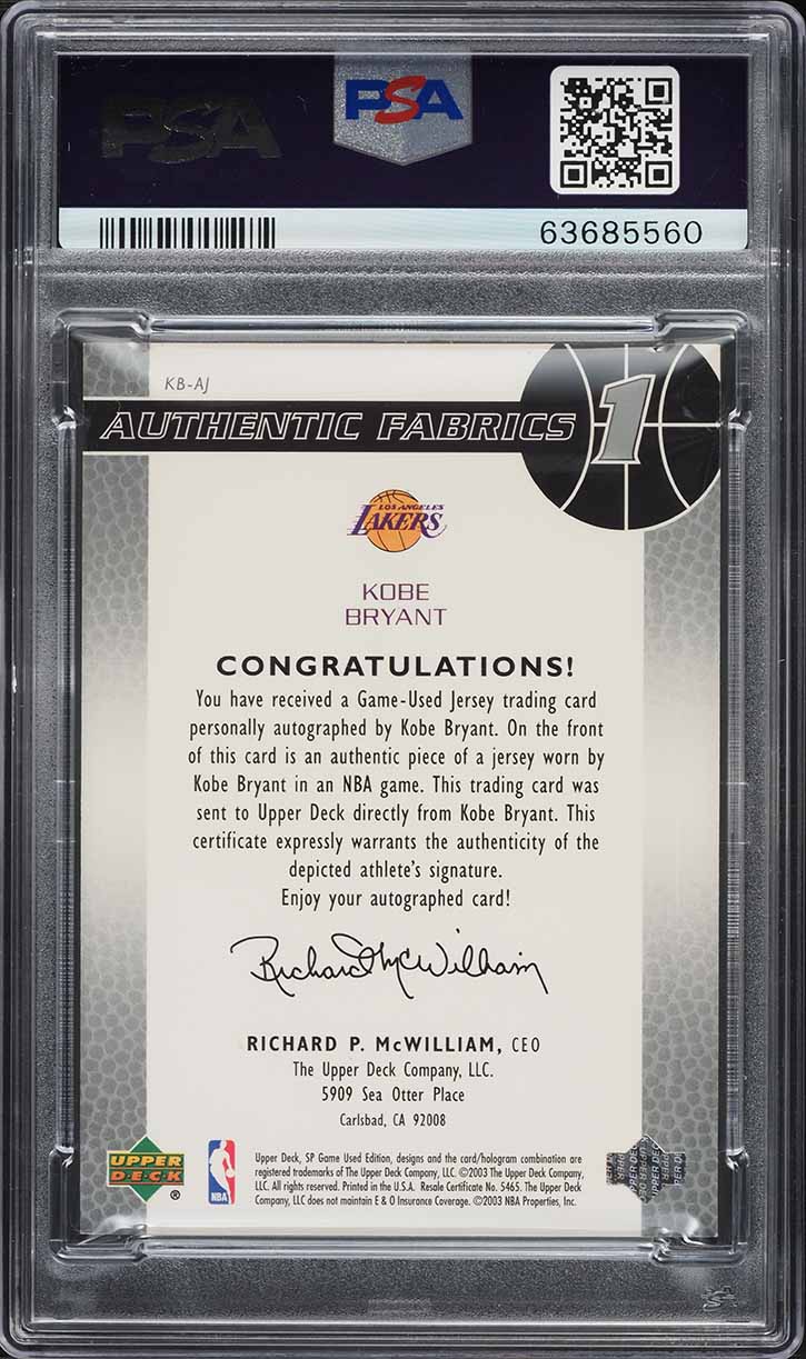 2003 SP Game Used Authentic Fabrics Kobe Bryant PATCH AUTO DNA 9 /100 PSA 8