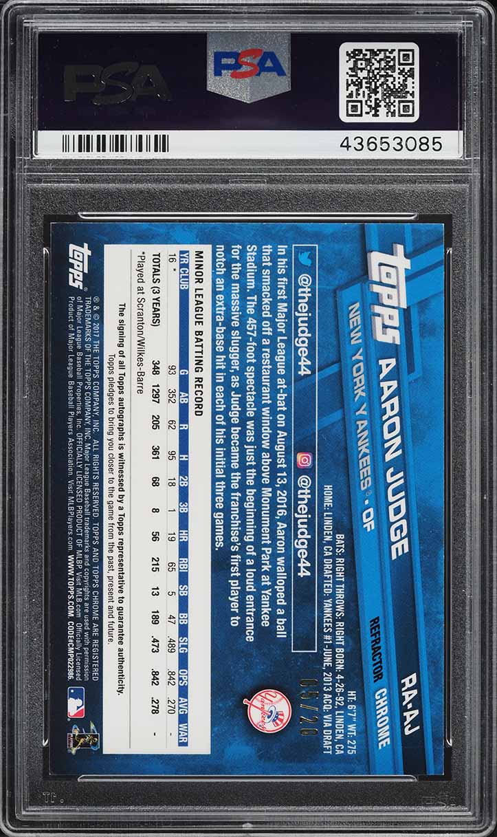 2017 Topps Chrome Xfractor Aaron Judge ROOKIE AUTO /20 #RA-AJ PSA 9 MINT