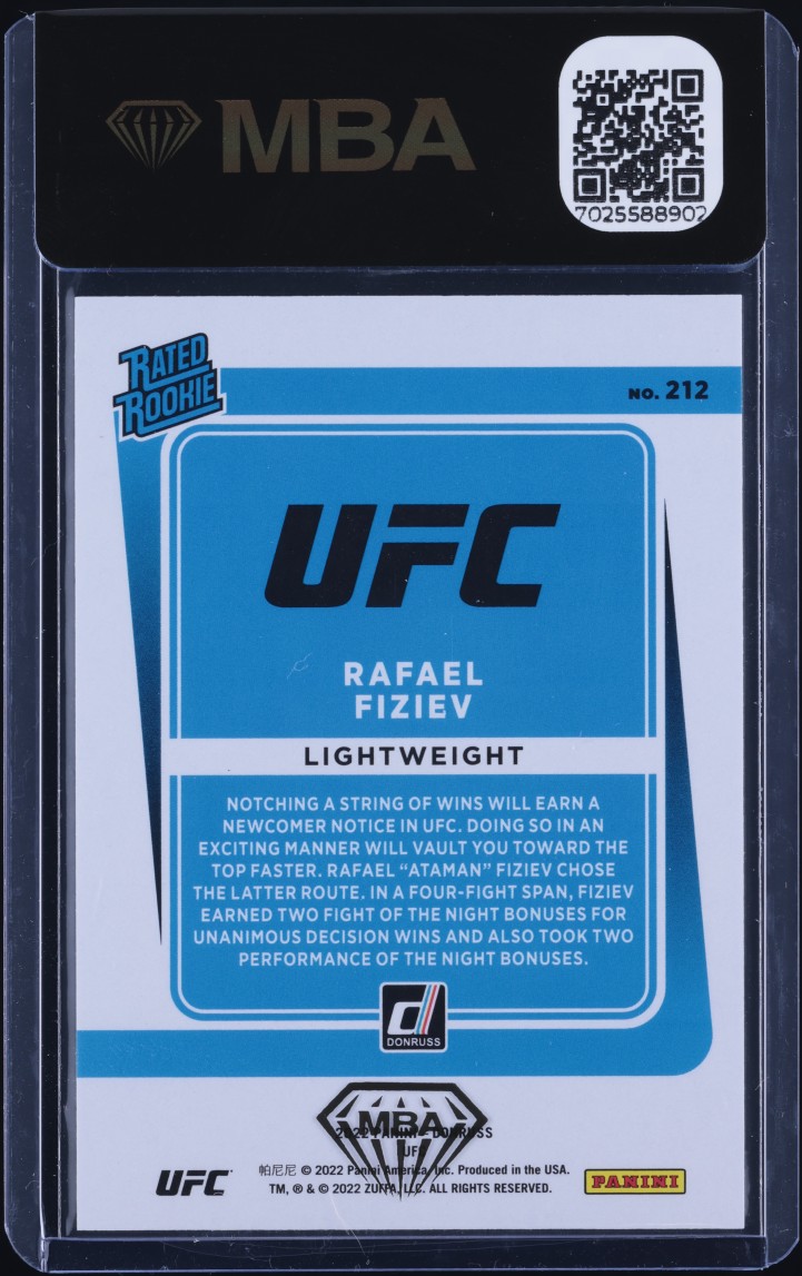 2022 Donruss UFC Holo Laser Rafael Fiziev ROOKIE /99 #212 MBA AUTH