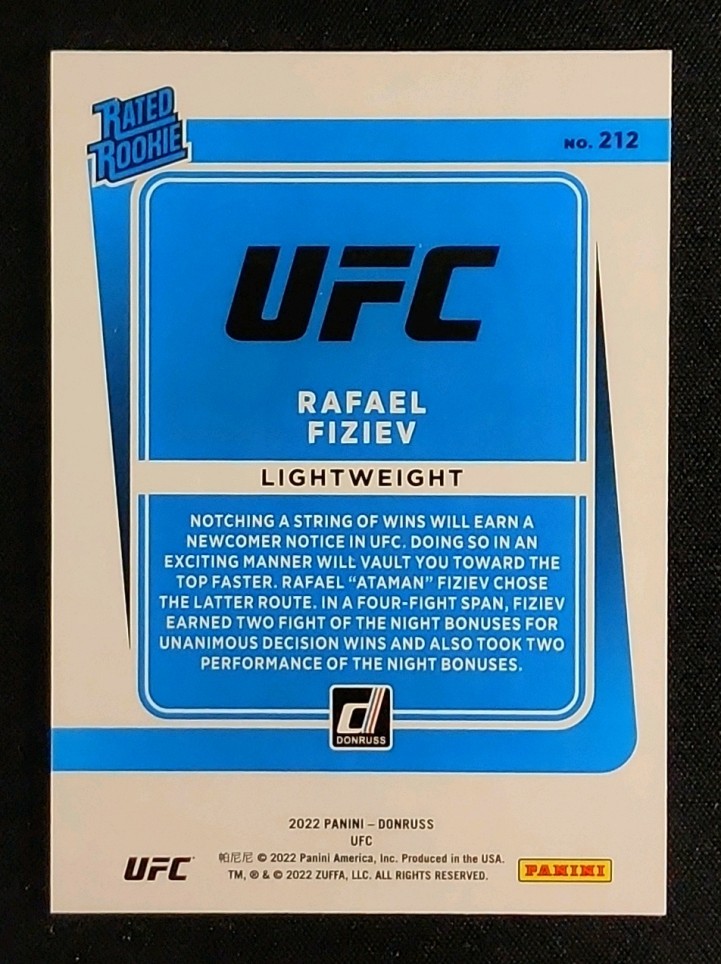 2022 Donruss UFC Holo Laser Rafael Fiziev ROOKIE /99 #212 MBA AUTH