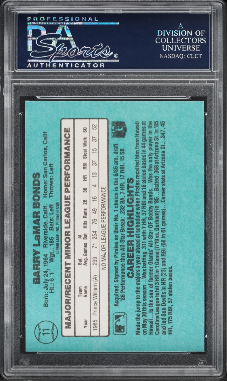1986 Donruss The Rookies Barry Bonds ROOKIE #11 PSA 10 GEM MINT